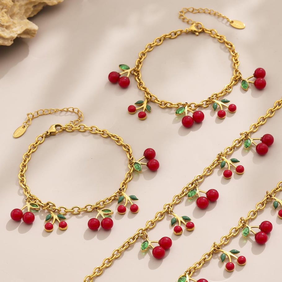Set di gioielli da donna color oro in acciaio inossidabile color ciliegia dolce, 1 pezzo Immagine7