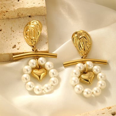 1 paio di orecchini pendenti in acciaio inossidabile color oro con cuore retrò della serie Romantic h5 Immagine3