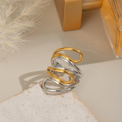 1 paio di anelli semplici con forma irregolare in acciaio inossidabile color oro h5 Immagine4