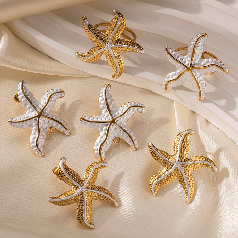 Starfish Stainless Steel Gold Color Earrings Set Picture2