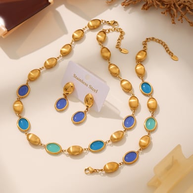 Set di collane da donna in acciaio inossidabile color oro con opale di forma ovale elegante da 1 pezzo h5 Immagine7