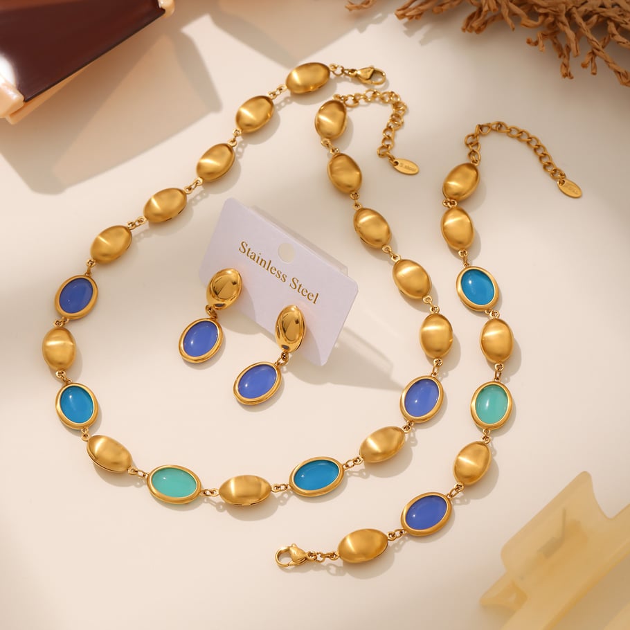 Set di collane da donna in acciaio inossidabile color oro con opale di forma ovale elegante da 1 pezzo Immagine7