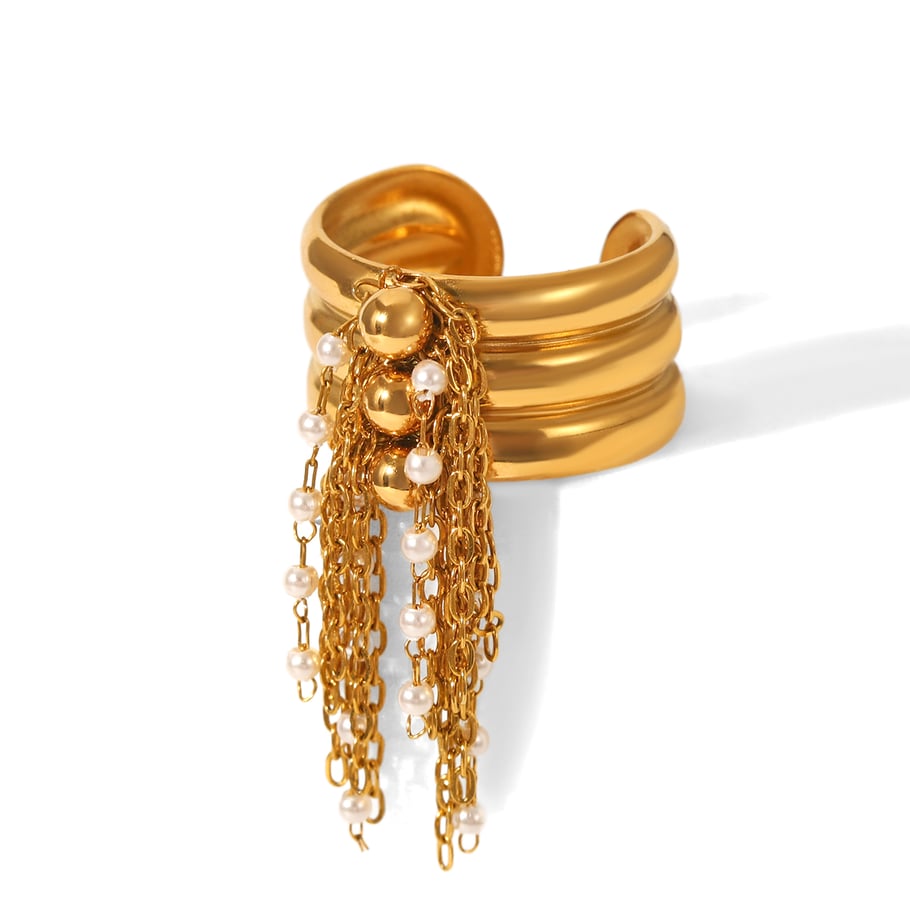 1 Piece Chic Daily Tassel Stainless Steel Gold Color Pearl Statement Rings 
