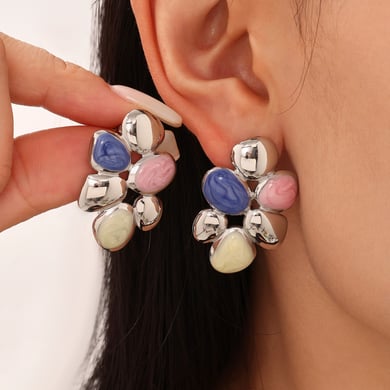 1 Pair Polychrome Flower Stainless SteelGold Color Women's Stud Earrings h5 Picture5