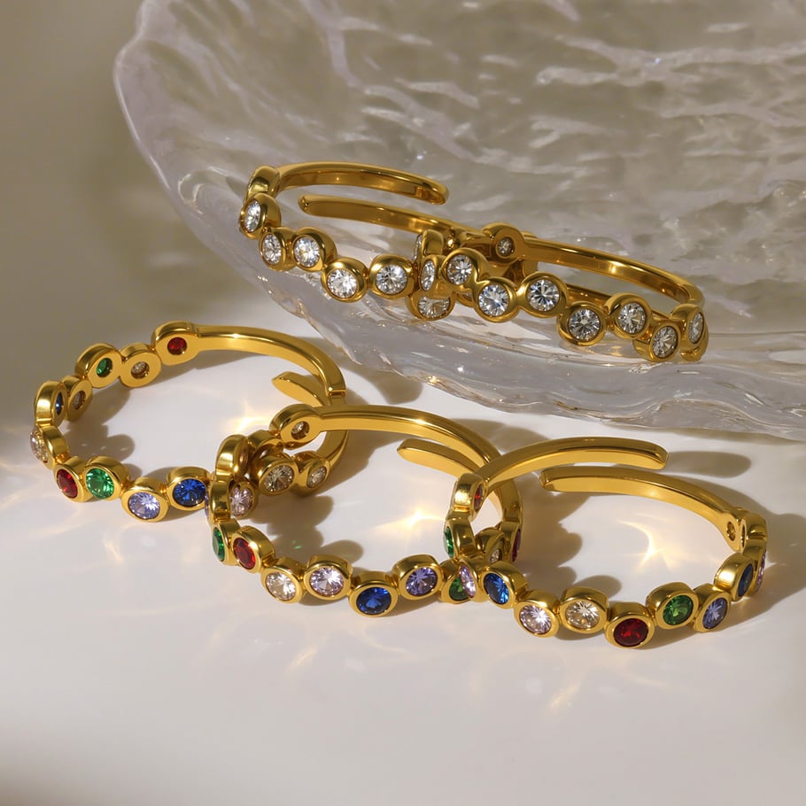 1 pezzo squisito anello da donna in acciaio inossidabile color oro con zirconi e pietre preziose Immagine6