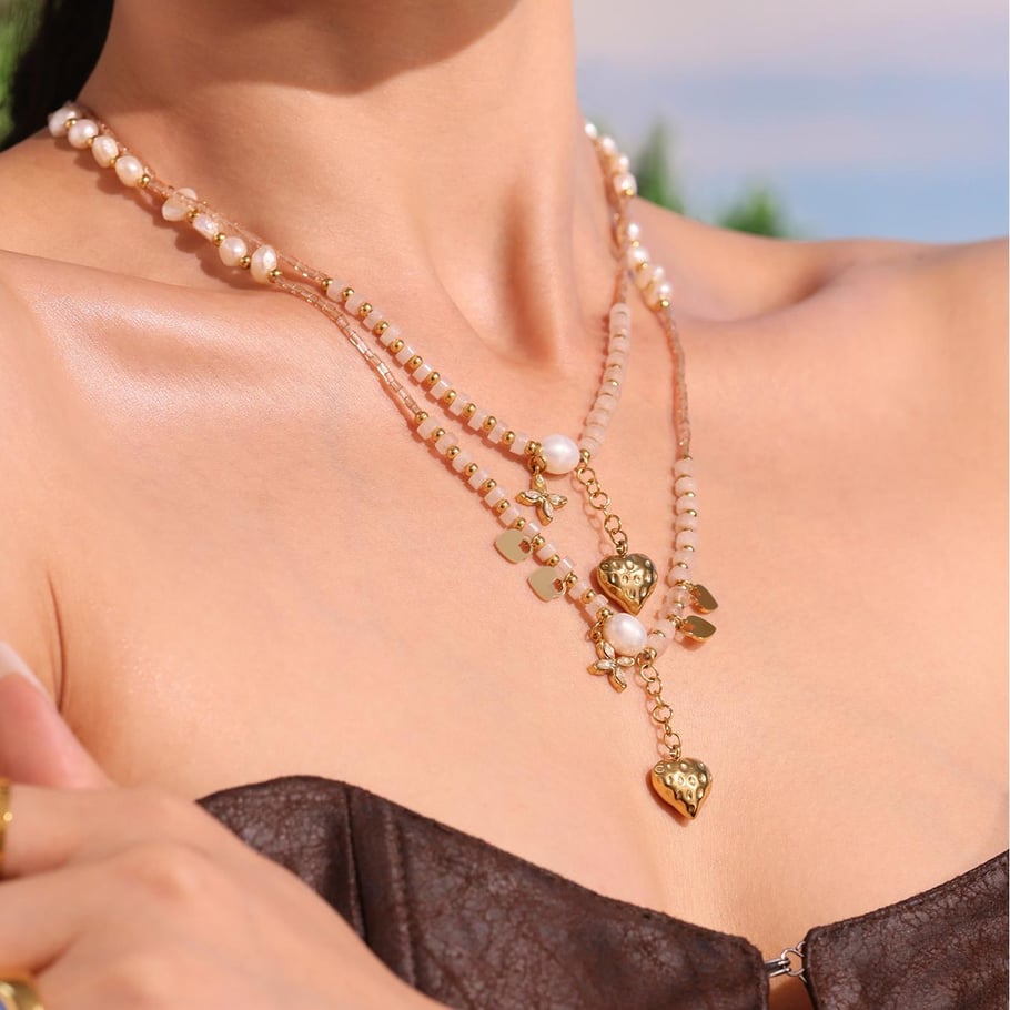 1 Piece Elegant Heart Natural Stones&Pearl Gold Color Women's Beaded Necklaces Picture5