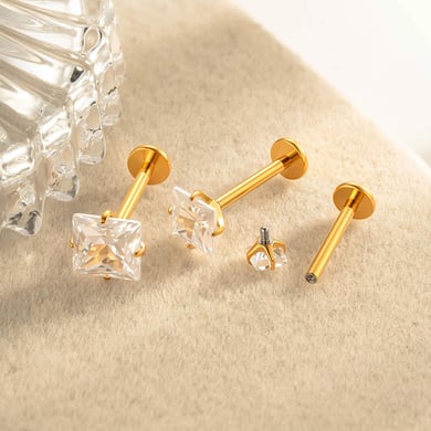 1 Adet Dikdörtgen Titanyum Alaşımlı Altın Renkli Zirkonyum Piercing Küpe h5 Resim6