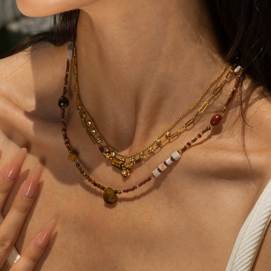1 Piece Retro Natural Stones Gold Color Beaded Necklace Picture3