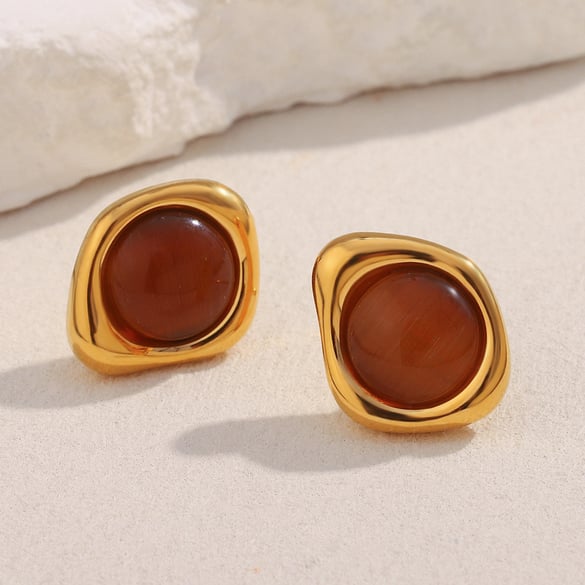 1 Paar klassische ringförmige Ohrstecker aus Naturstein aus Edelstahl in Goldfarbe für Damen