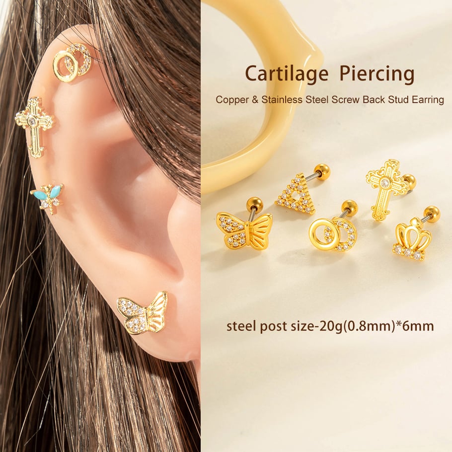 1 Adet Kelebek Bakır Altın Rengi Zirkonyum Piercing Küpe Resim4