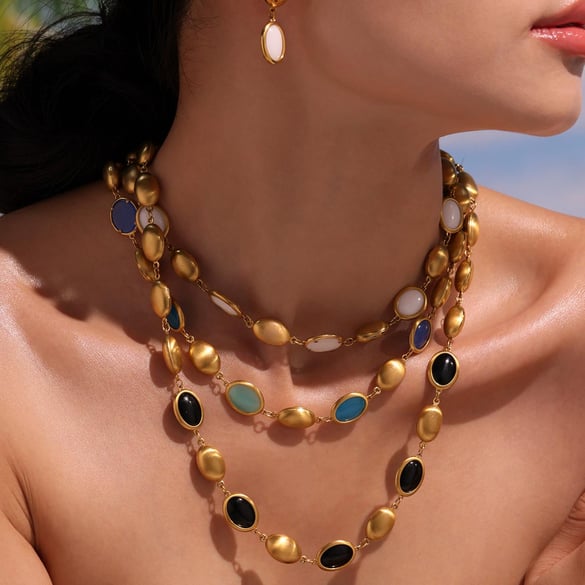 1 Piece Elegant Oval Shape Opal Stainless Steel Gold Color Women's Necklaces Sets
