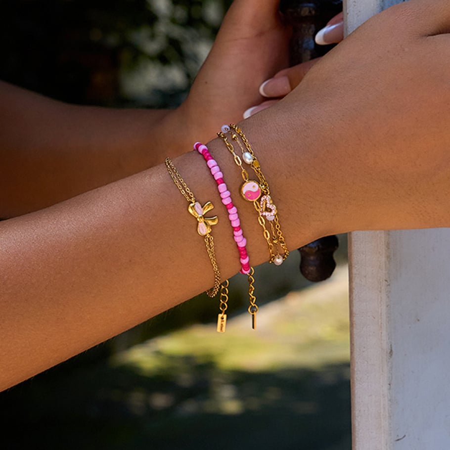 Pulseras con dijes románticos de corazón rosa de acero inoxidable color dorado para mujer, 1 pieza Imagen2