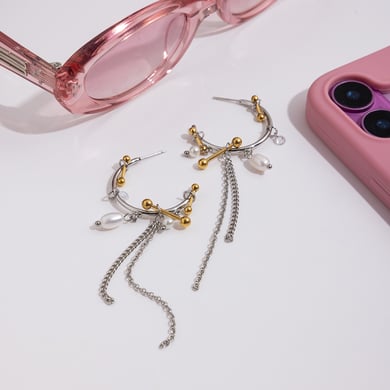1 par de lujosos pendientes colgantes de acero inoxidable con borlas en color dorado y plateado para mujer h5 Imagen5