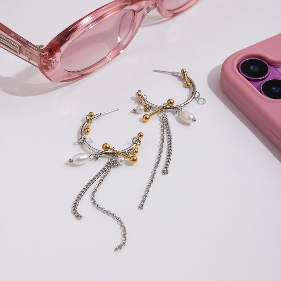 1 par de lujosos pendientes colgantes de acero inoxidable con borlas en color dorado y plateado para mujer Imagen5
