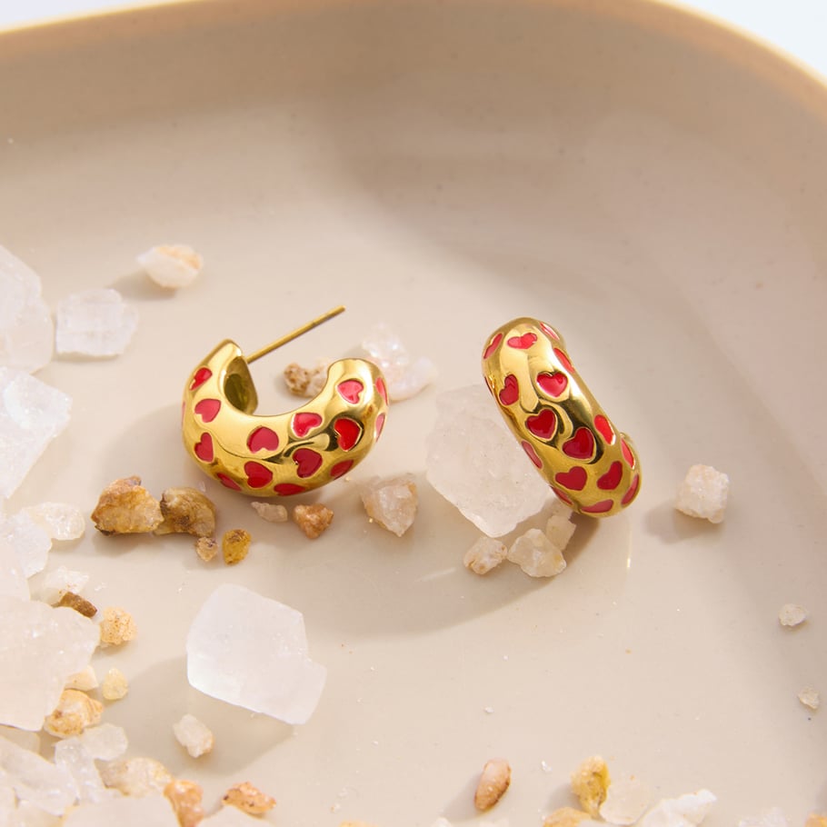 1 Pair Sweet Red Heart Stainless Steel Gold Color Women's Hoop Earrings Picture4