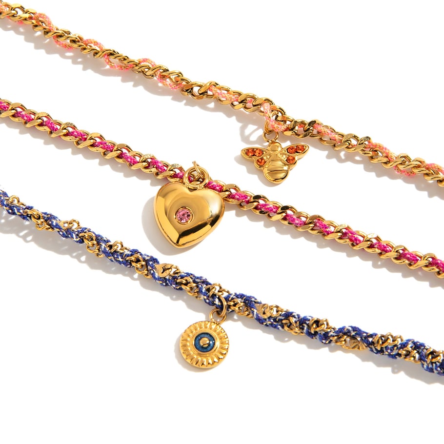 Pulseras con dijes de corazón retro de acero inoxidable color dorado para mujer, 1 pieza Imagen7