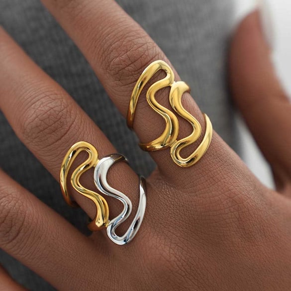 1 pieza de anillos llamativos de acero inoxidable con forma irregular, sencillos e informales. 2