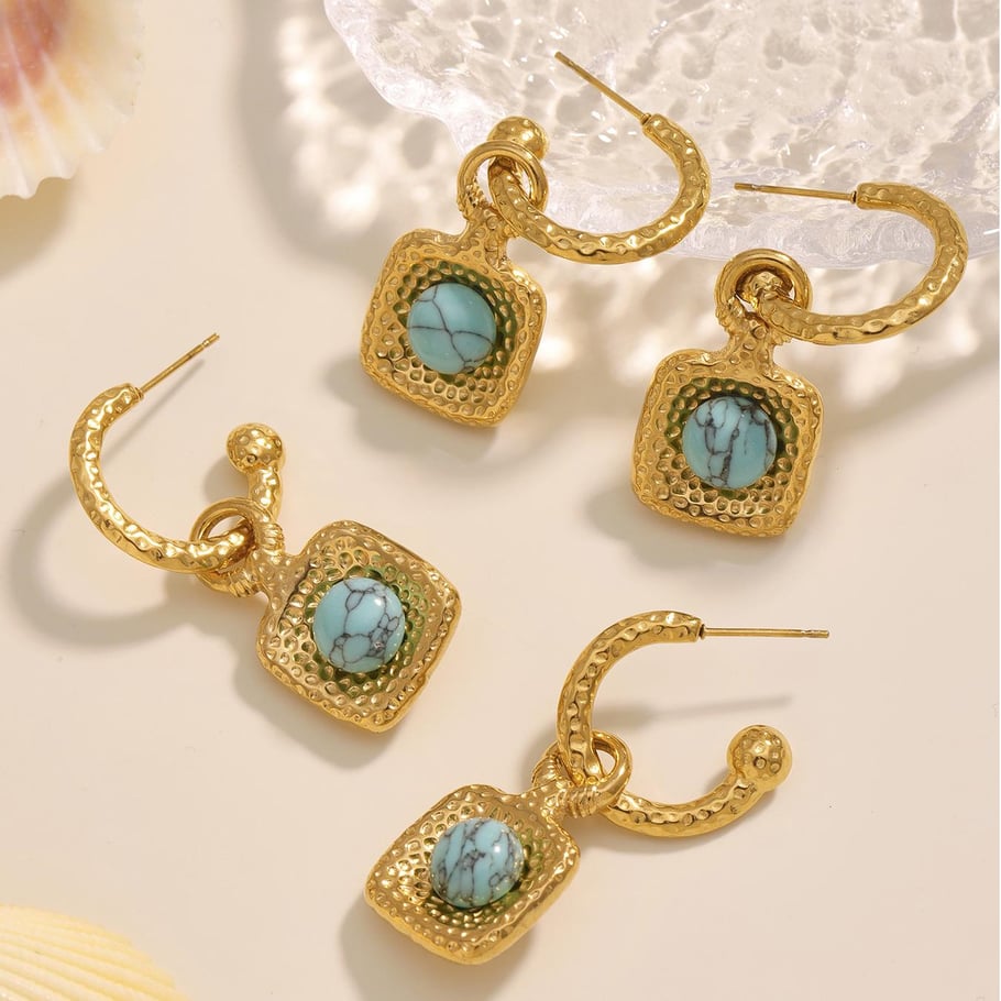 Set di gioielli da donna in pietra naturale color oro con motivo rettangolare retrò turchese in acciaio inossidabile Immagine6