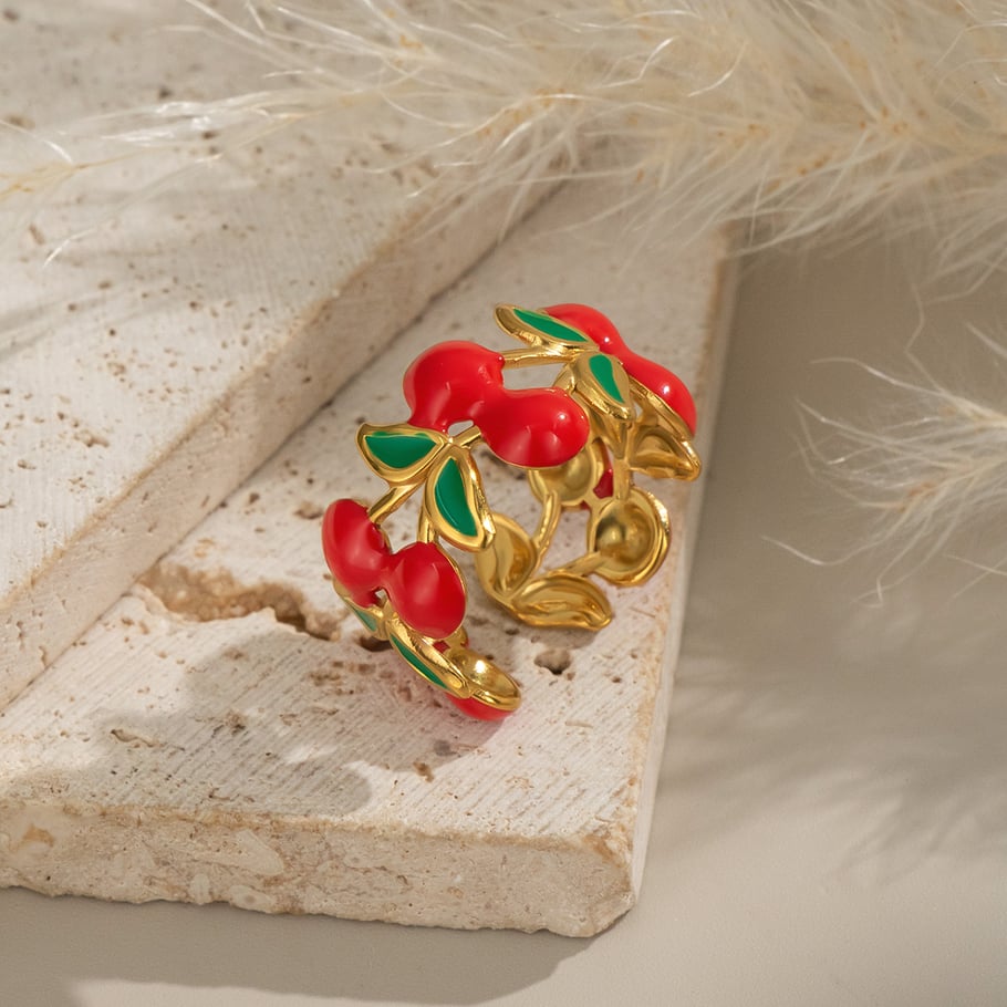 Anelli statement color oro in acciaio inossidabile con ciliegia dolce, serie romantica, 1 pezzo Immagine2