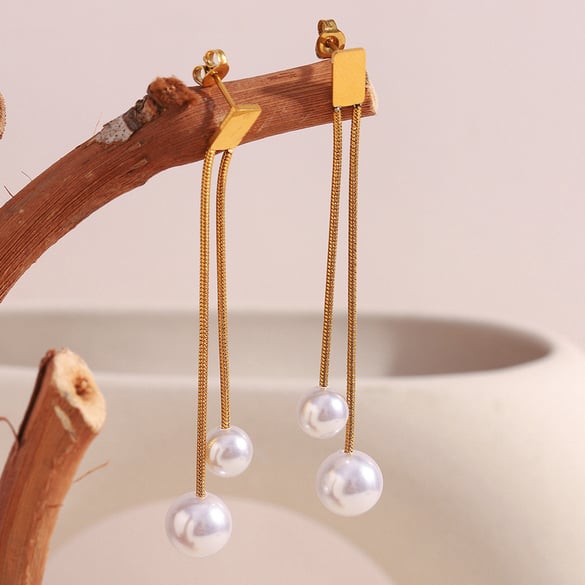 1 Pair Elegant Tassel Stainless Steel Gold Color Dangle Earrings