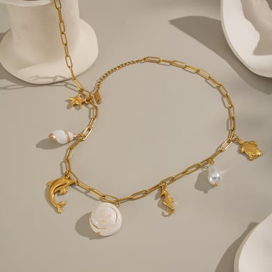 1 stuk natuurlijke schelp roestvrij staal goudkleurige hanger ketting h5 Afbeelding3