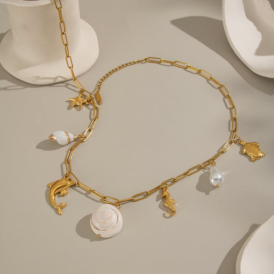 1 stuk natuurlijke schelp roestvrij staal goudkleurige hanger ketting Afbeelding3