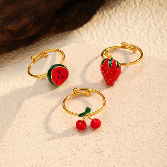 1 Stück süßer Statement-Ring aus Edelstahl mit Kirsche in Goldfarbe 2