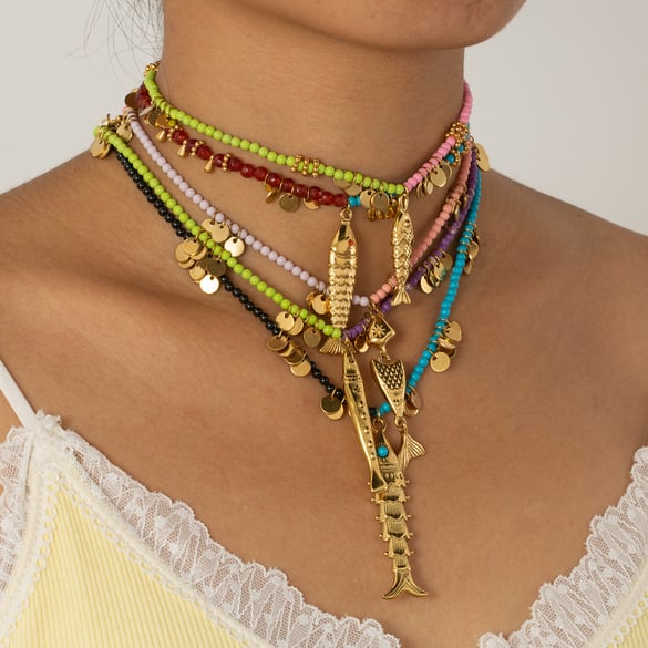 1 Piece Vivid Fish Stainless Steel Gold Color Women's Beaded Necklaces 2
