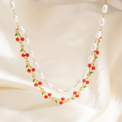 Collar de capas de acero inoxidable con cereza natural simple para mujer de 1 pieza h5 Imagen4