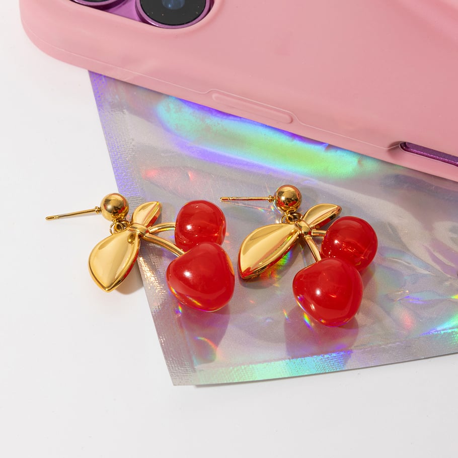 1 par de pendientes colgantes de acero inoxidable color dorado con cereza vívida para mujer Imagen7