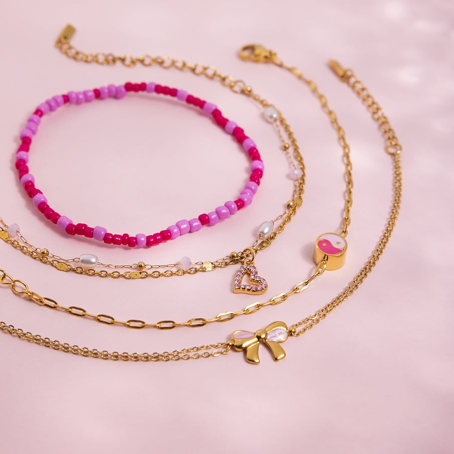 Pulseras con dijes románticos de corazón rosa de acero inoxidable color dorado para mujer, 1 pieza Imagen5