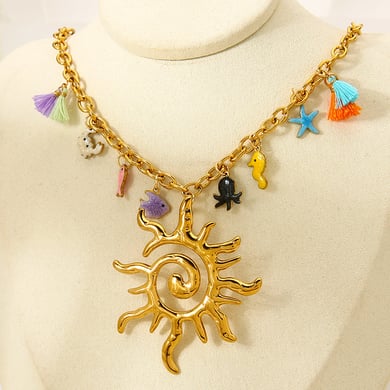 1 pezzo di collana con ciondolo da donna in acciaio inossidabile a forma di pesce con sole per le vacanze di lusso h5 Immagine5