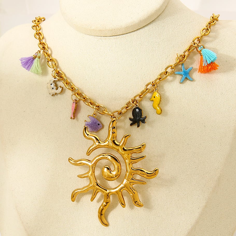 1 pezzo di collana con ciondolo da donna in acciaio inossidabile a forma di pesce con sole per le vacanze di lusso Immagine5