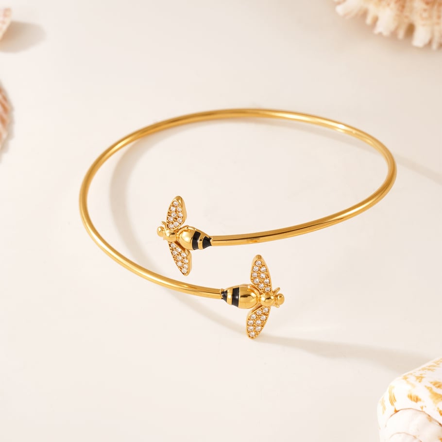 Braccialetti da donna in acciaio inossidabile color oro con zirconi, 1 pezzo, delicati insetti Immagine7