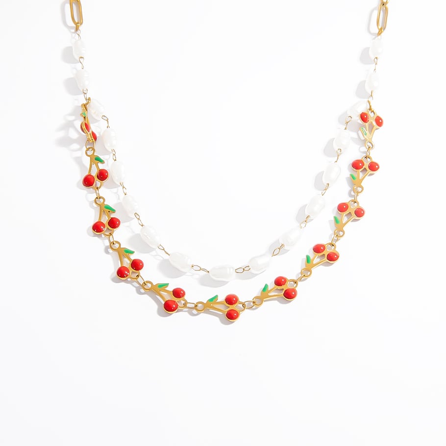 Collar de capas de acero inoxidable con cereza natural simple para mujer de 1 pieza 