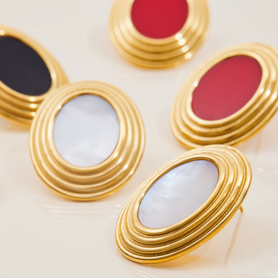 1 Pair Classic Series Retro Oval Stainless Steel Gold Color Women's Stud Earrings h5Picture6