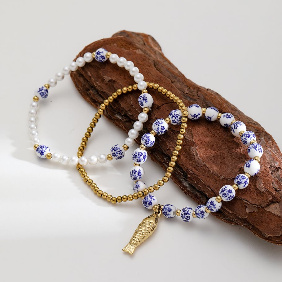 1 Piece Classic Series Elegant Flower Ceramics Gold Color Women's Beaded Bracelets h5Picture2