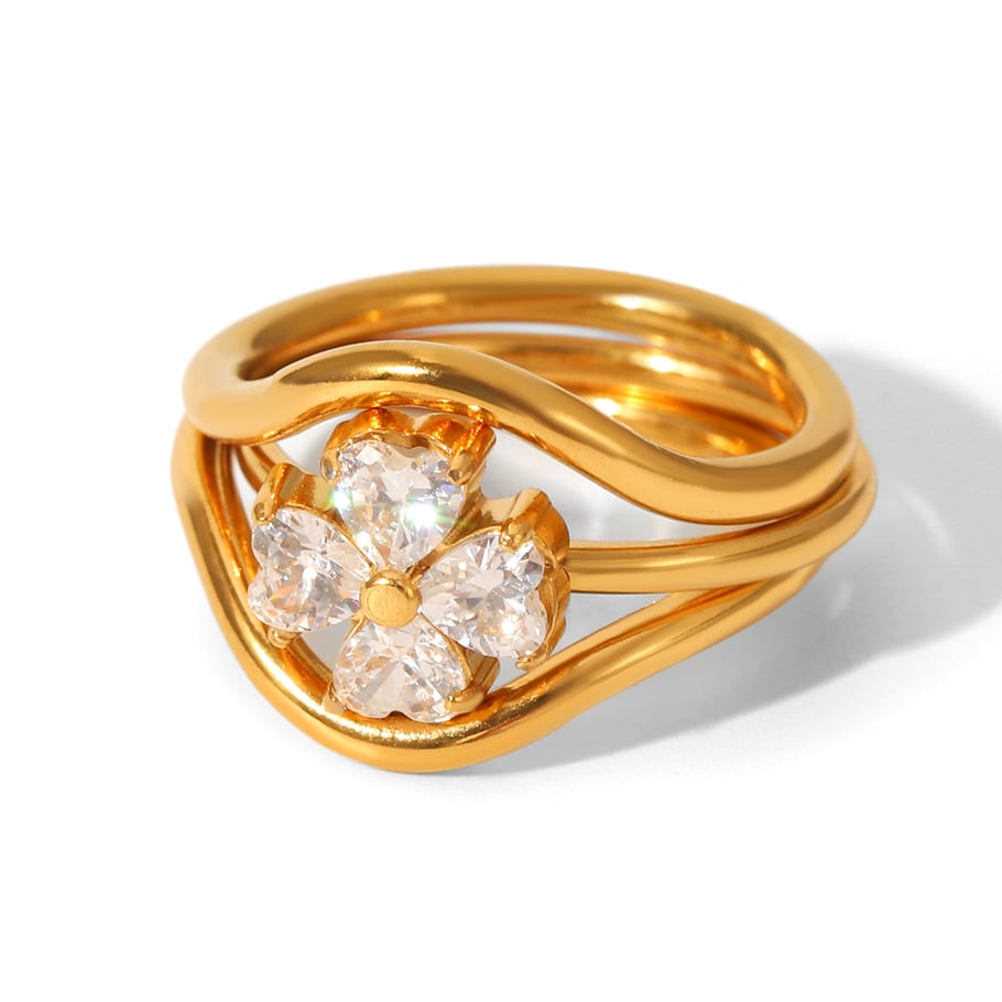1 Piece Daily Flower Stainless Steel  Zircon Statement Rings 