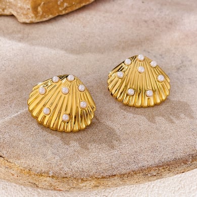 1 paio di splendidi orecchini a bottone da donna in acciaio inossidabile color oro con conchiglia h5 Immagine3