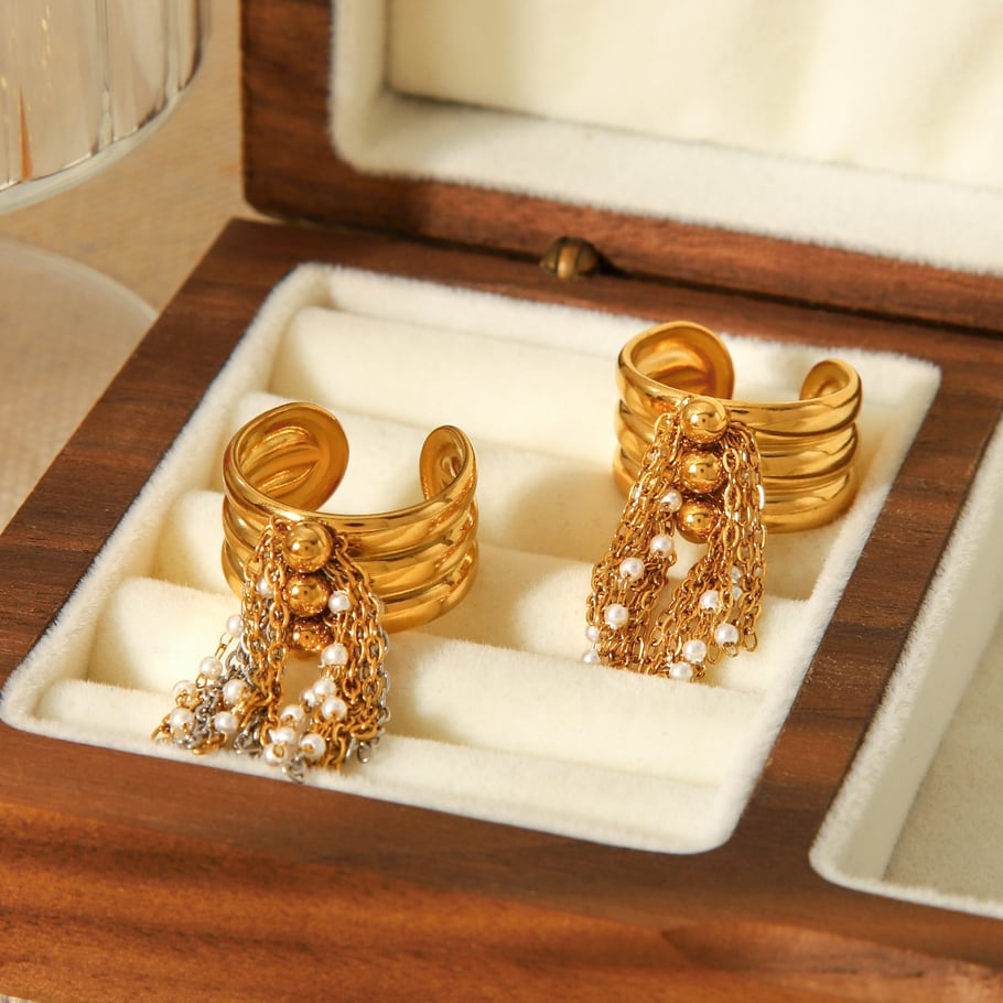 1 Piece Chic Daily Tassel Stainless Steel Gold Color Pearl Statement Rings Picture7