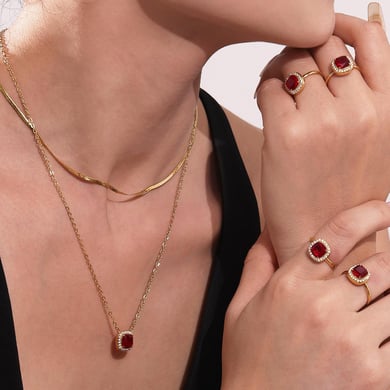 Set di gioielli da donna in acciaio inossidabile quadrato classico color oro con zirconi rossi h5 Immagine7