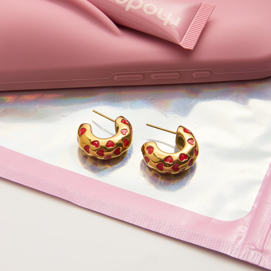 1 Pair Sweet Red Heart Stainless Steel Gold Color Women's Hoop Earrings Picture5