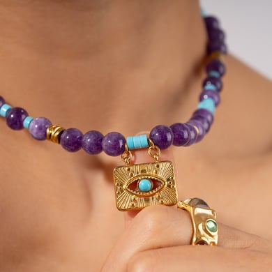 1 Piece Bohemian Devil's Eye Natural Stones Gold Color Women's Beaded Necklaces h5 Picture5