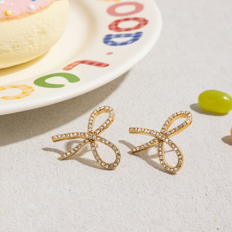 1 Pair Shinning Series Bow Knot Stainless Steel Gold Color Women's Stud Earrings h5Picture6