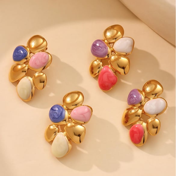 1 Pair Polychrome Flower Stainless SteelGold Color Women's Stud Earrings