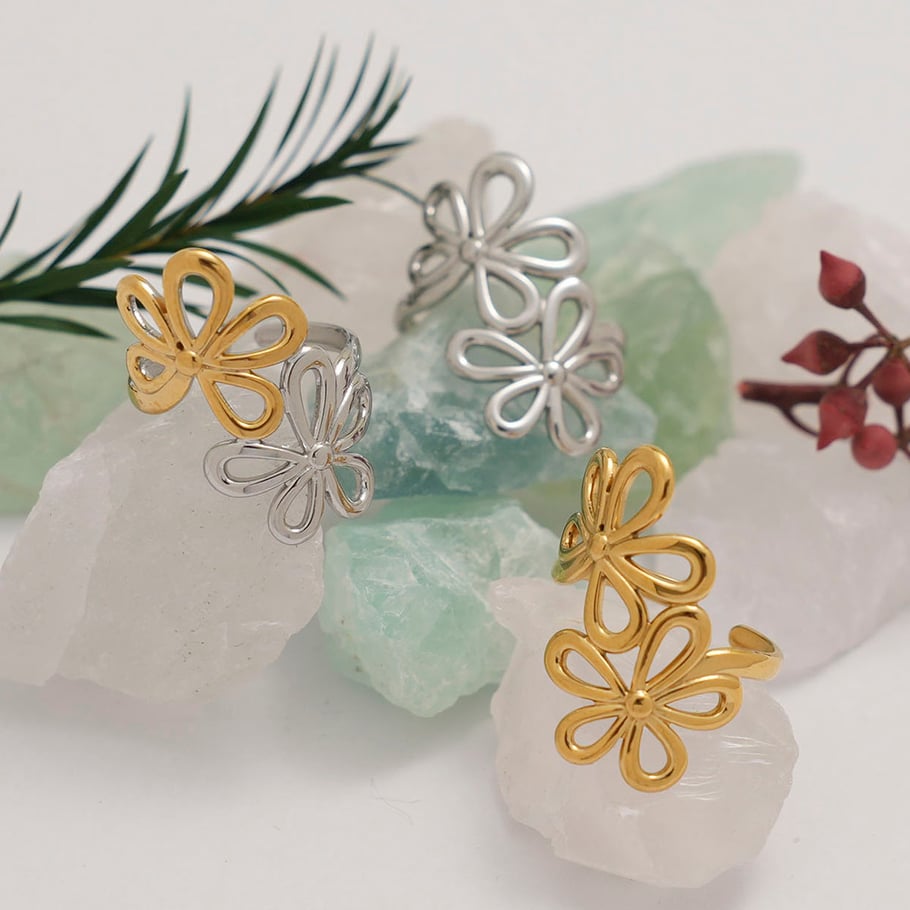 Anelli semplici in acciaio inossidabile color oro con fiore semplice, serie 1 pezzo Immagine4