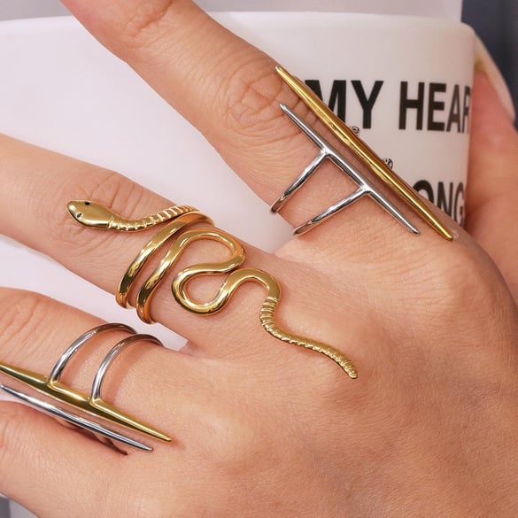 1 Piece Simple Series Natural Snake Stainless Steel Gold Color Statement Rings 2