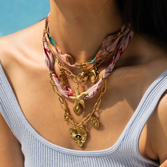 1 Piece Retro Heart Stainless Steel Gold Color Fabric Pendant Necklace
