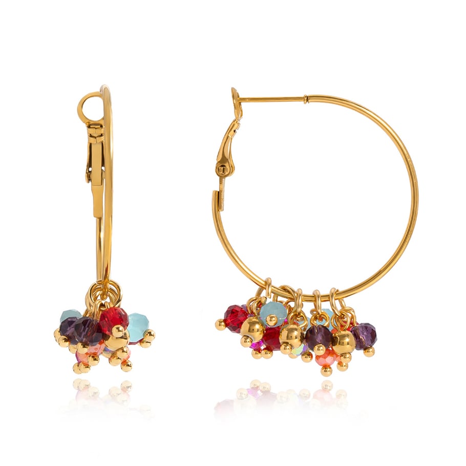 1 paire de boucles d&#39;oreilles créoles pour femme, série luxueuse, perles polychromes, en acier inoxydable couleur or 