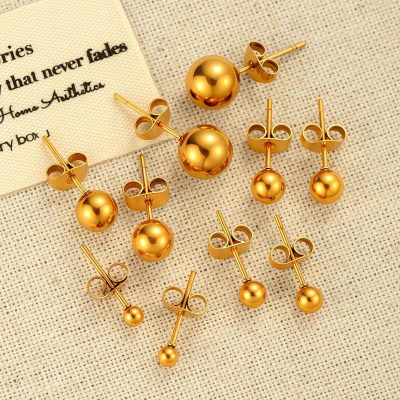 1 pieza de aretes minimalistas de bola de acero inoxidable color dorado para mujer Imagen4